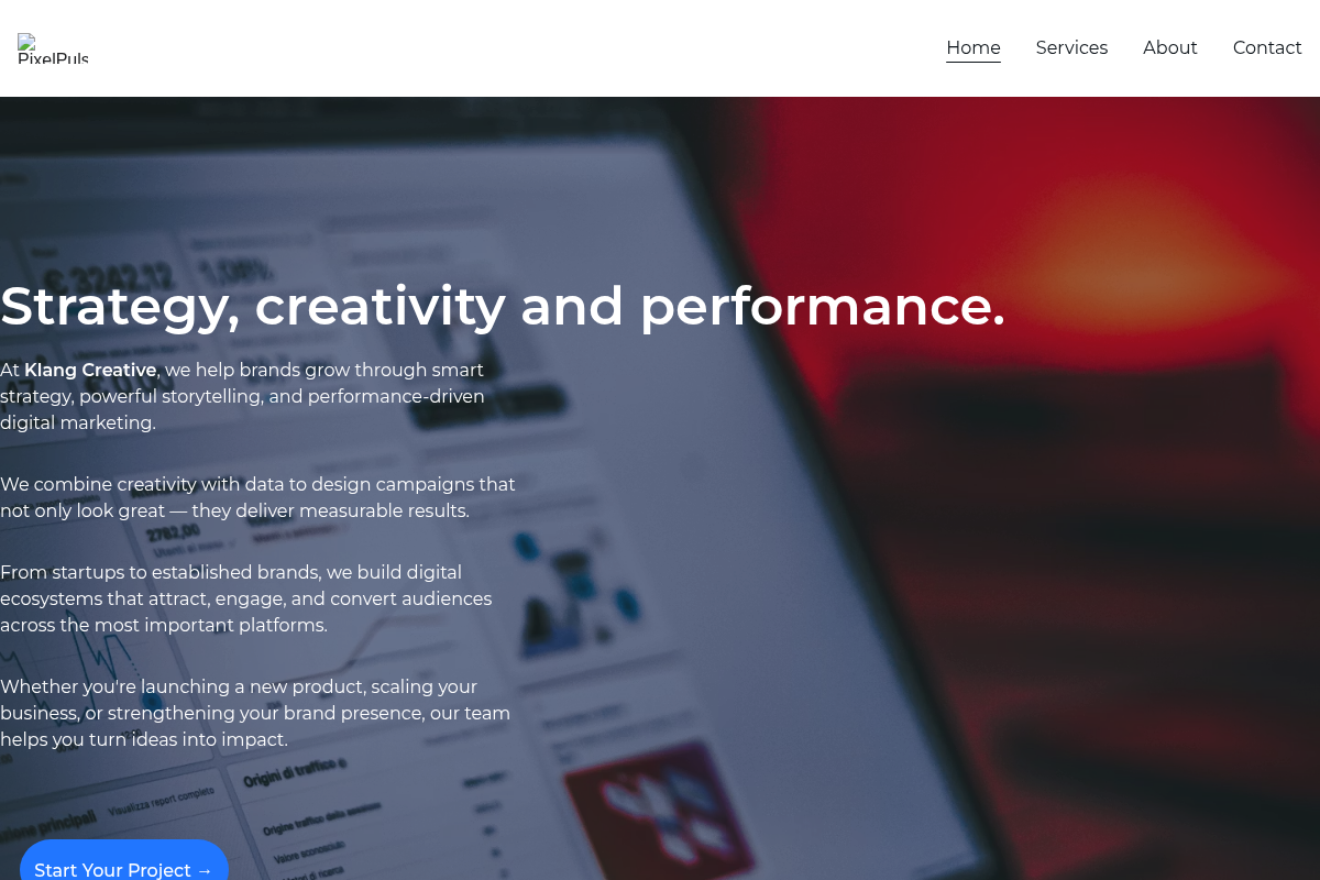 Screenshot of PixelPulse Marketing (Klang Creative) website