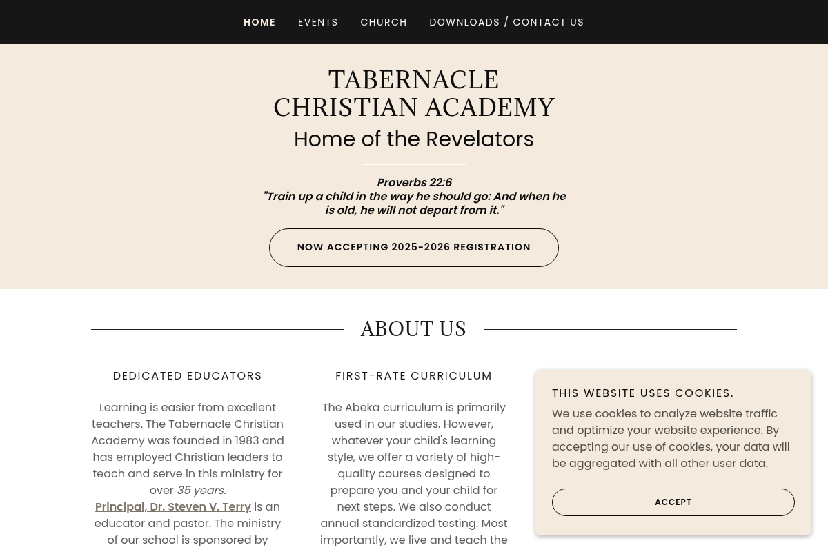 Screenshot of Tabernacle Christian Academy website
