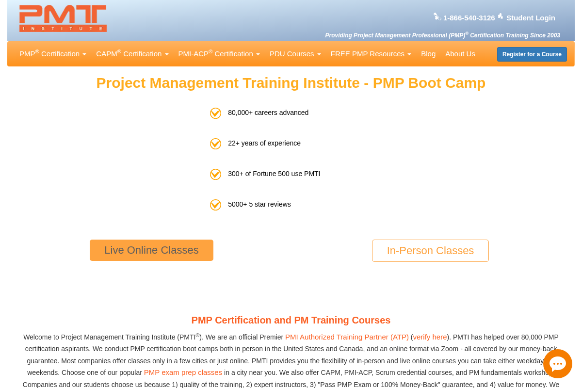 Screenshot of Project Management Training Institute (PMTI) website