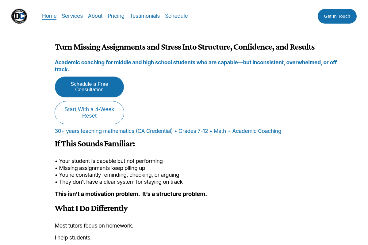 Screenshot of DC Academic Coaching website