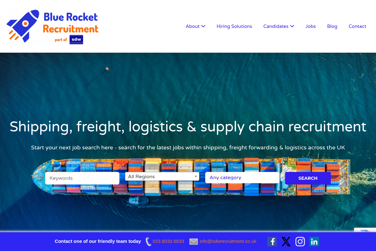 Screenshot of Blue Rocket Recruitment (formerly SDW) website