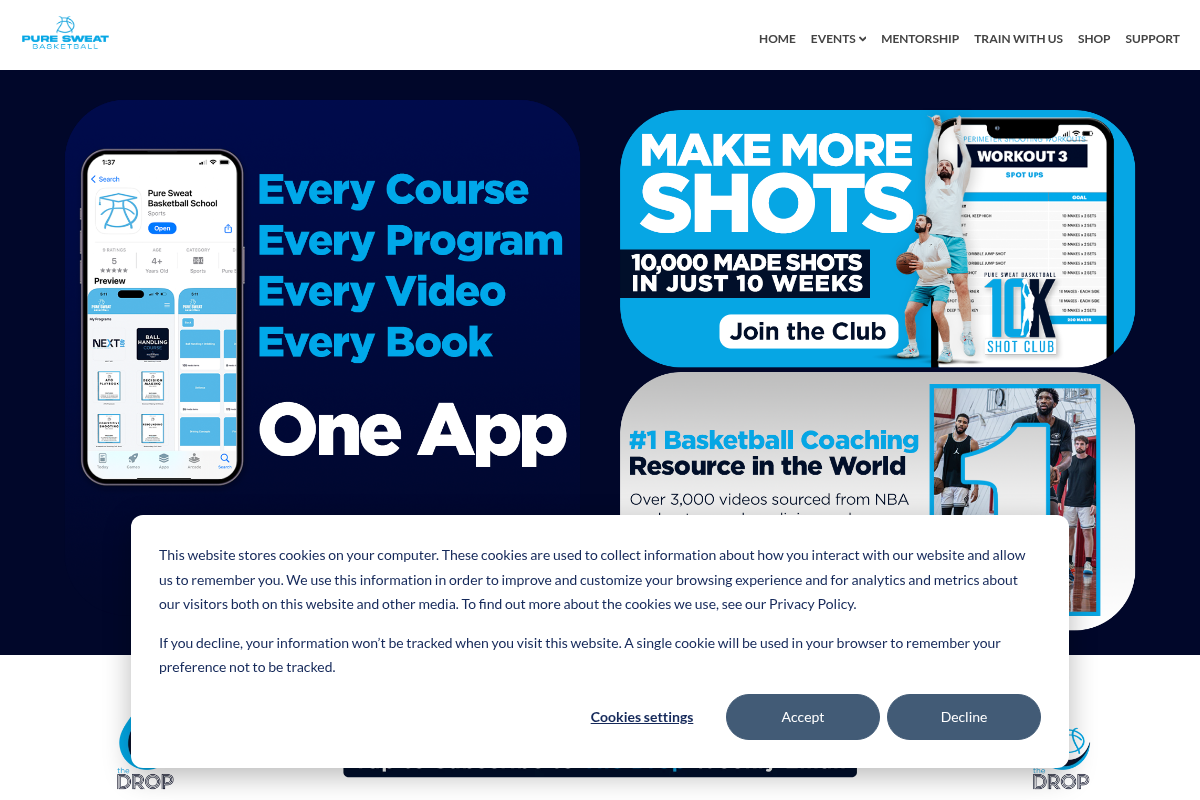 Screenshot of Pure Sweat Basketball website