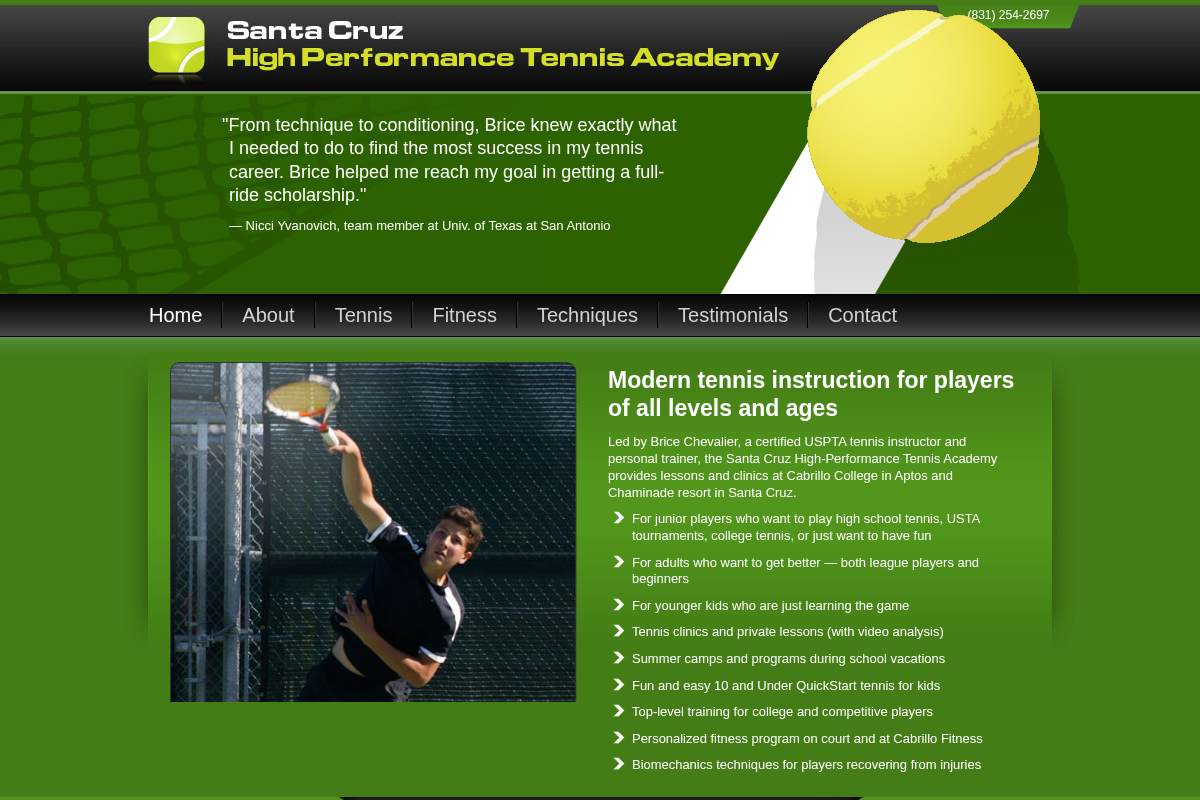 Screenshot of Santa Cruz High-Performance Tennis Academy website