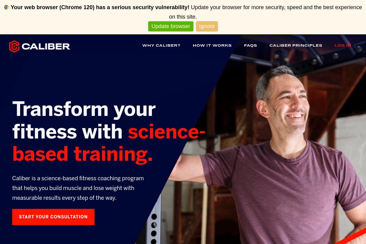 Screenshot of Caliber Fitness website