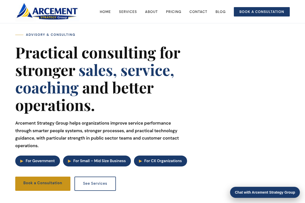 Screenshot of Arcement Strategy Group website