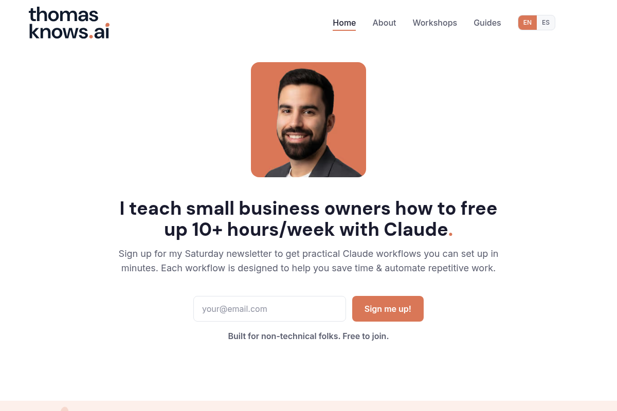 Screenshot of Claude AI Consultant for Small Business | Thomas Knows AI website