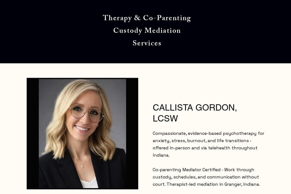 Screenshot of Therapy for teens, adults & families in South Bend, Indiana - Callista Gordon, LCSW website